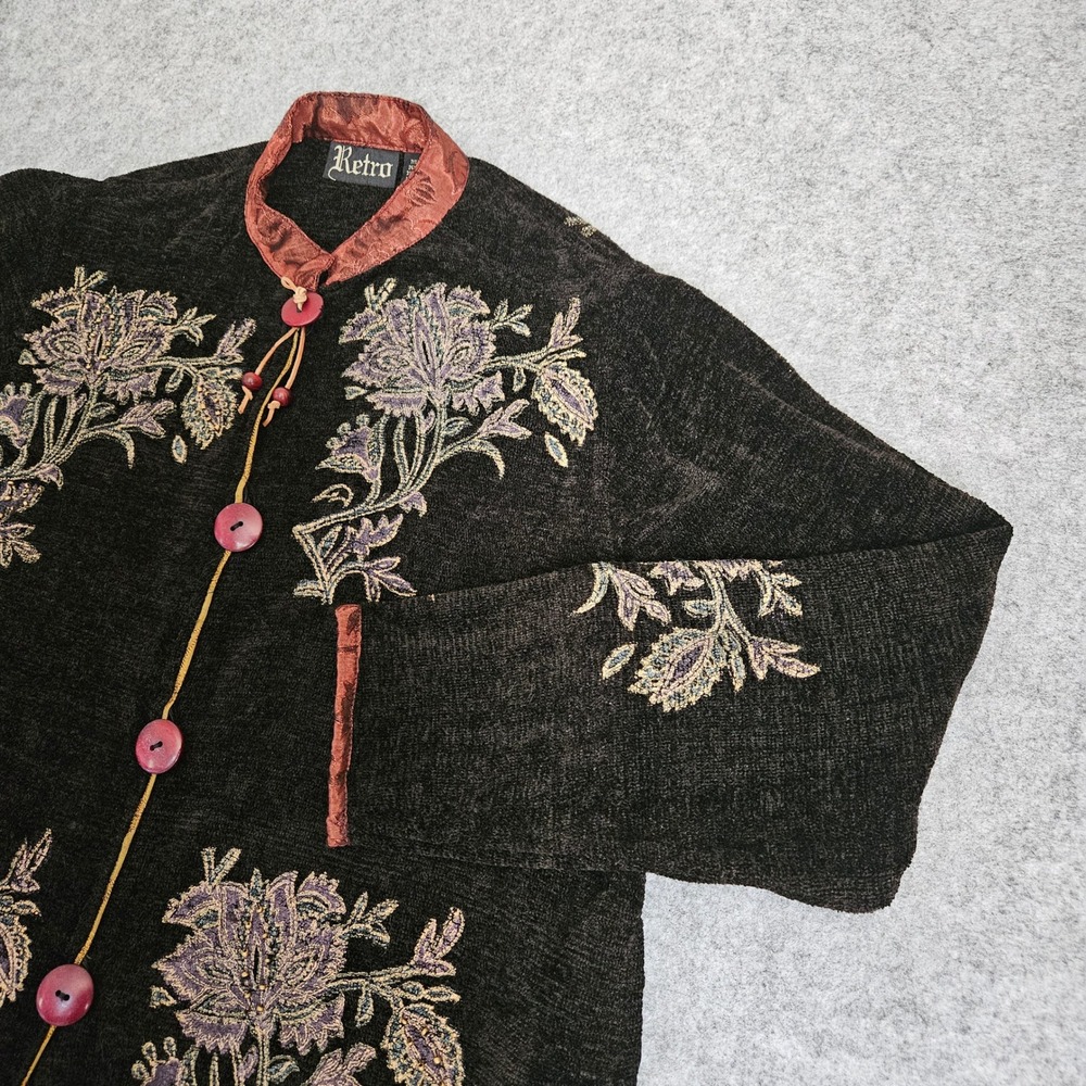 Retro Womens Small Cardigan Floral Embroidered Brown Button 
Front Jacket